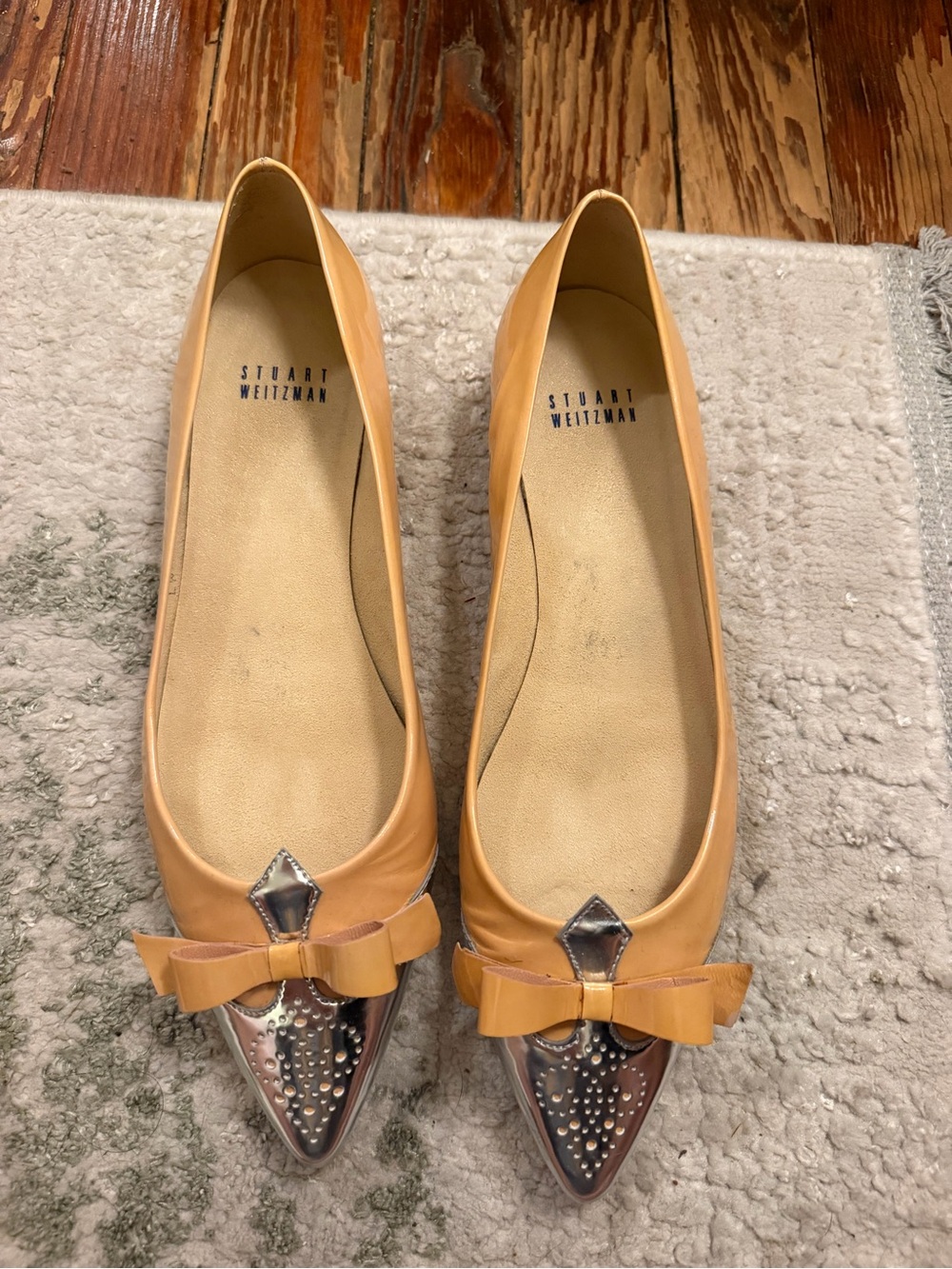 Stuart Weitzman Tan Leather Pointed Toe Flats with Metallic Accents